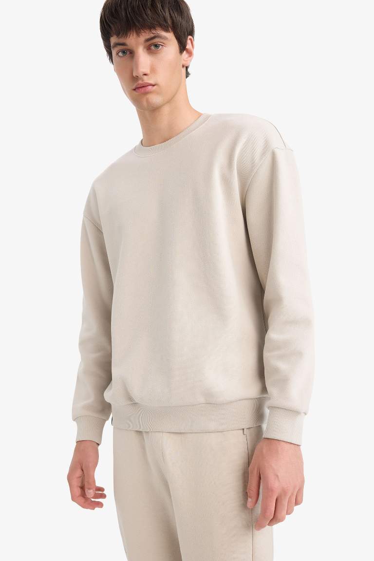 Boxy Fit Crew Neck Basic Pique Sweatshirt