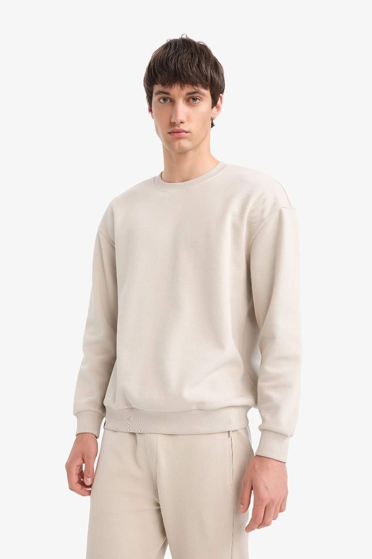 Boxy Fit Crew Neck Basic Pique Sweatshirt