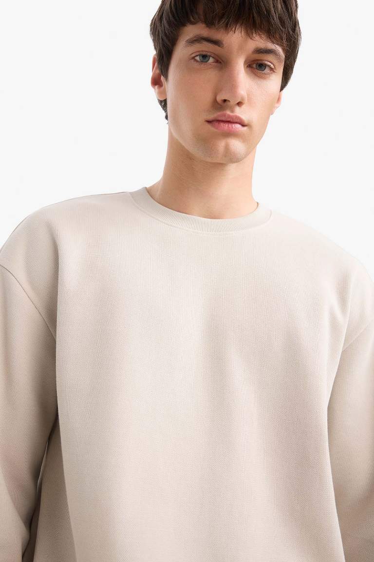 Boxy Fit Crew Neck Basic Pique Sweatshirt