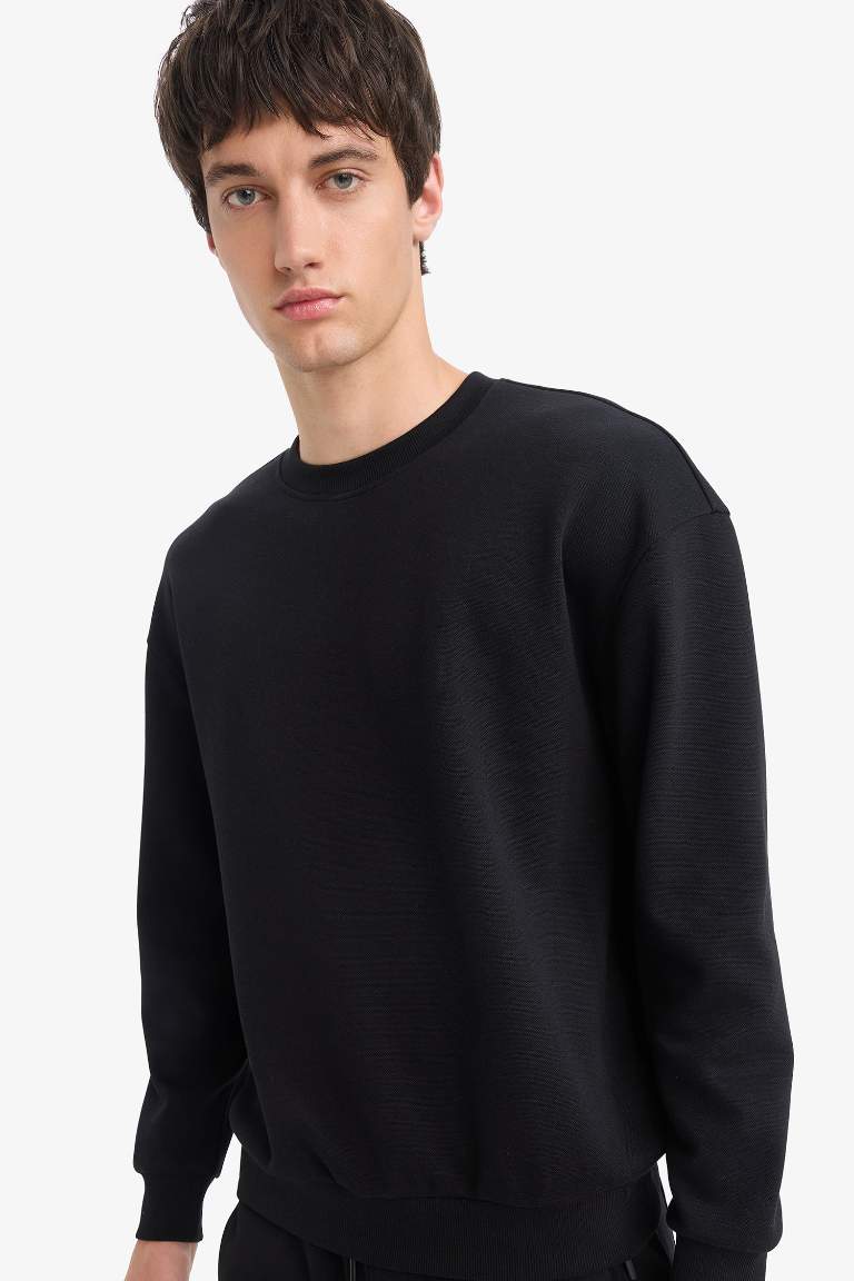 Boxy Fit Bisiklet Yaka Basic Düz Pike Sweatshirt