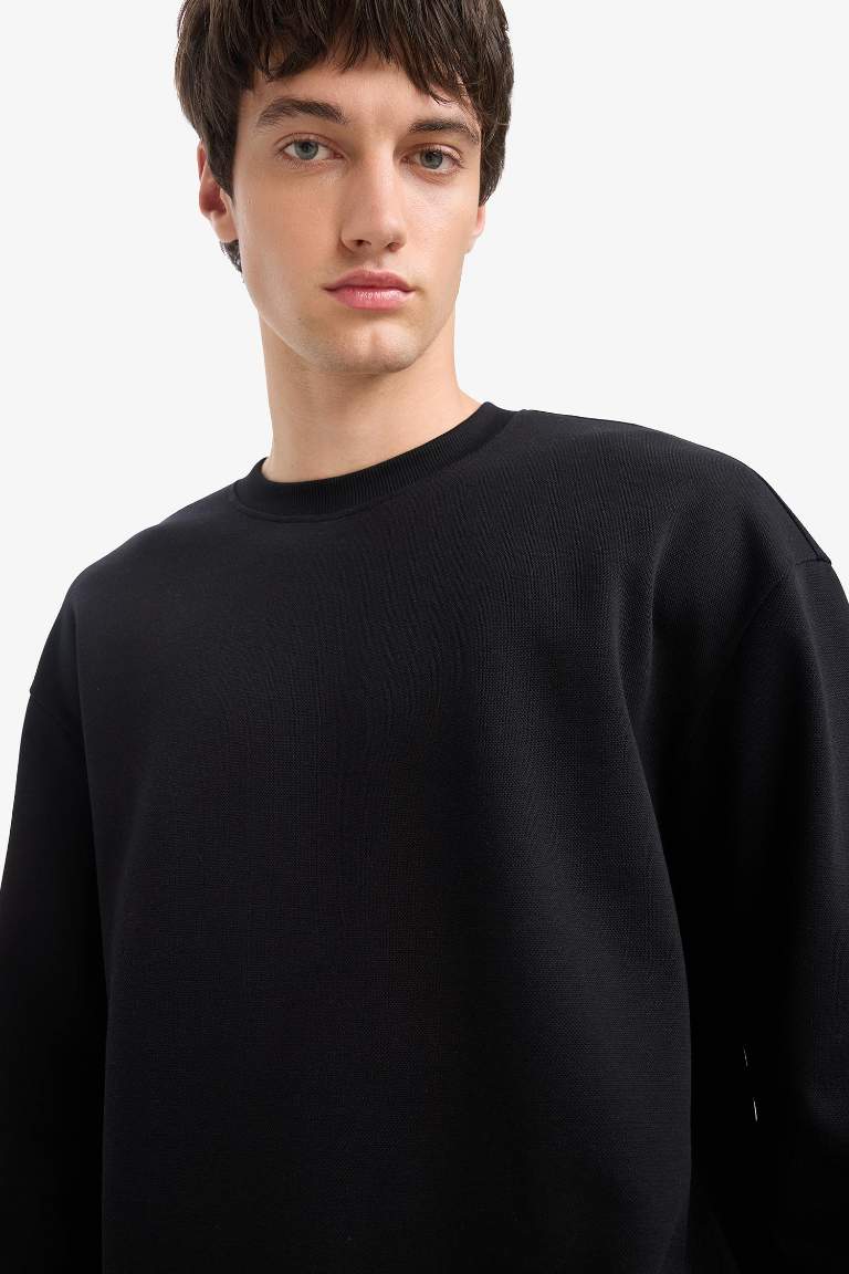 Boxy Fit Bisiklet Yaka Basic Düz Pike Sweatshirt