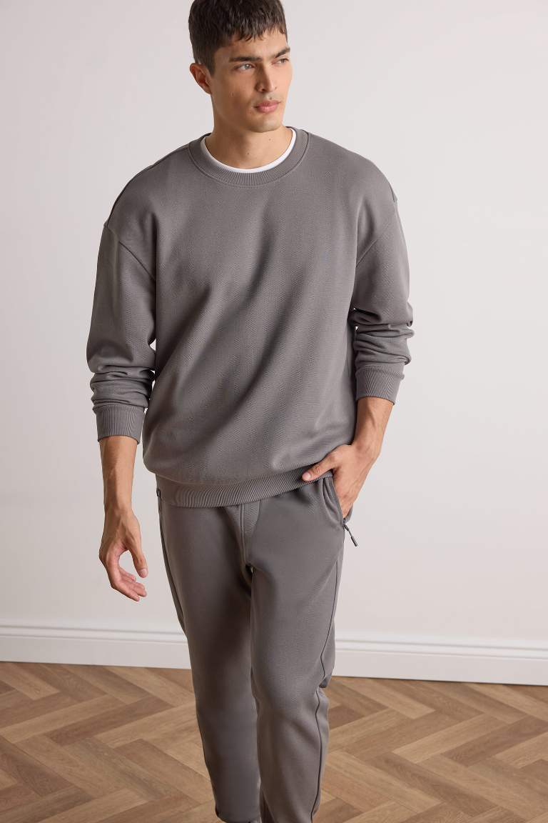 Boxy Fit Bisiklet Yaka Basic Düz Pike Sweatshirt