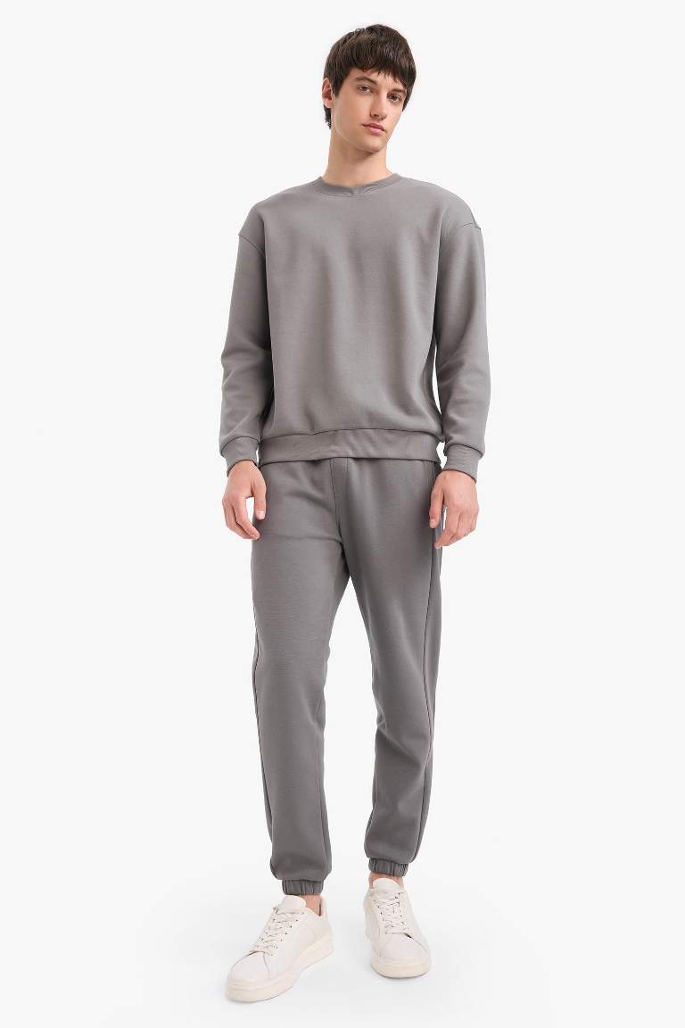 Boxy Fit Bisiklet Yaka Basic Düz Pike Sweatshirt