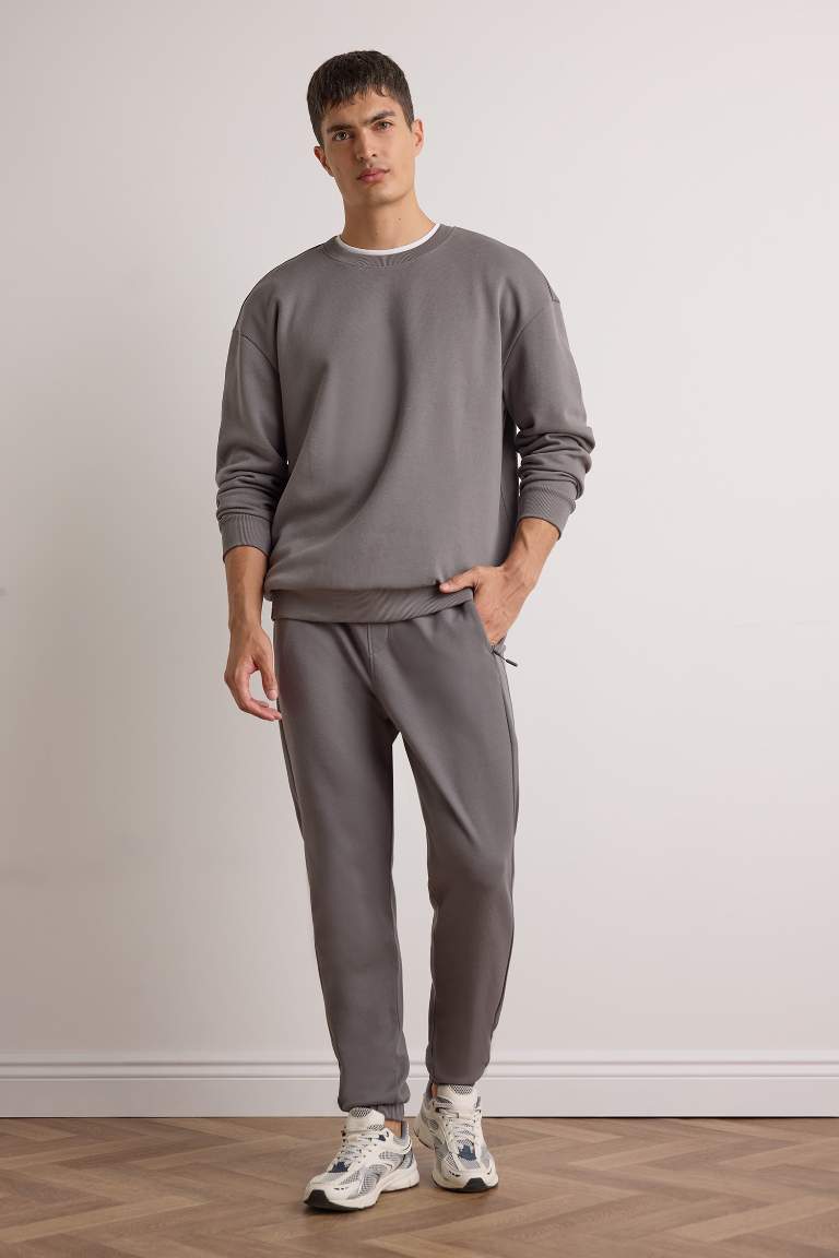 Boxy Fit Bisiklet Yaka Basic Düz Pike Sweatshirt