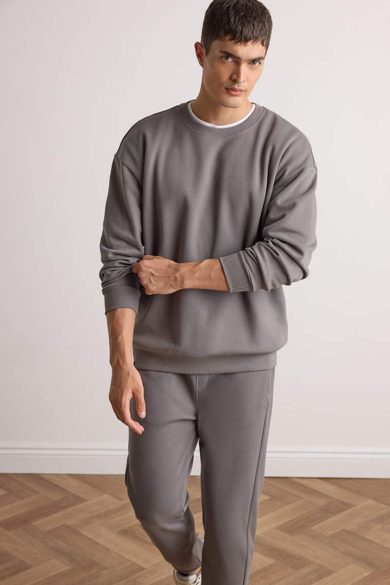 Boxy Fit Bisiklet Yaka Basic Düz Pike Sweatshirt