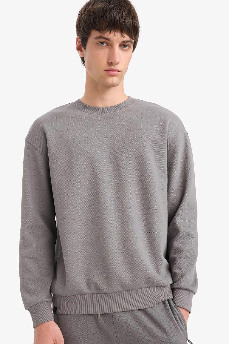 Boxy Fit Bisiklet Yaka Basic Düz Pike Sweatshirt