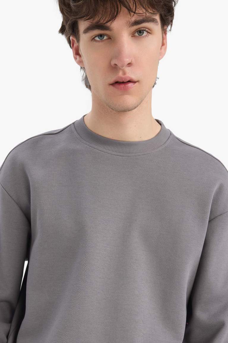 Boxy Fit Crew Neck Basic Pique Sweatshirt