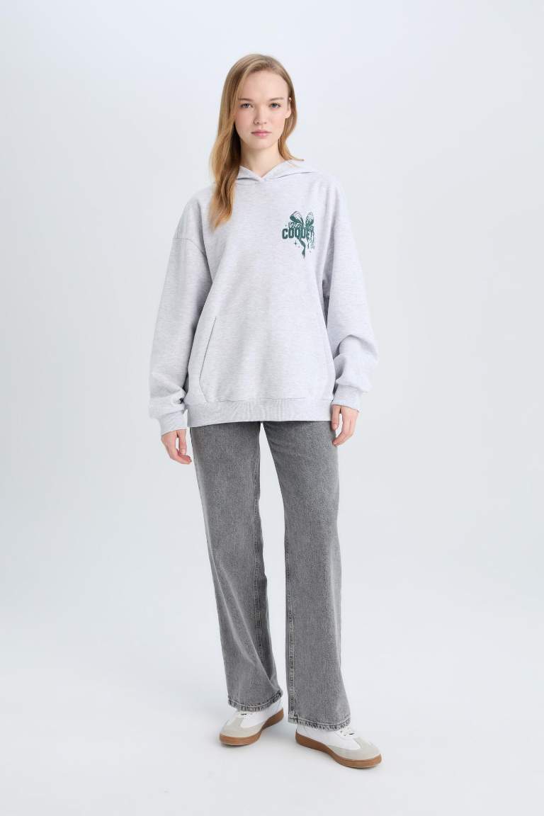 Coool Oversize Geniş Kalıp Kapüşonlu Baskılı Kalın Sweatshirt