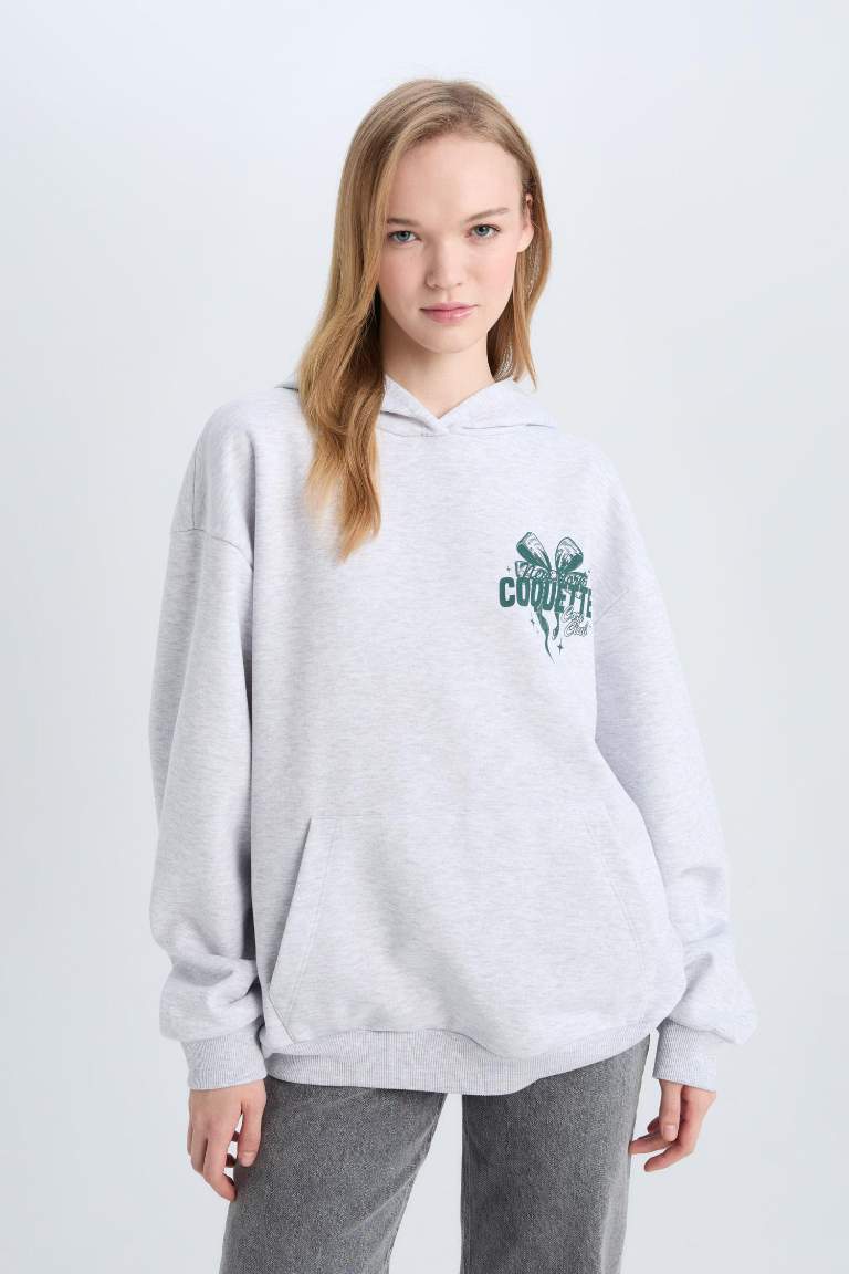 Coool Oversize Geniş Kalıp Kapüşonlu Baskılı Kalın Sweatshirt