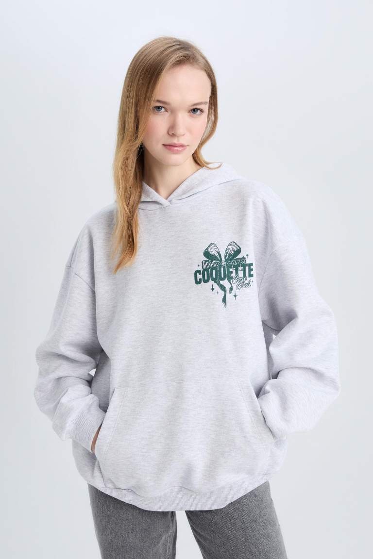 Coool Oversize Geniş Kalıp Kapüşonlu Baskılı Kalın Sweatshirt
