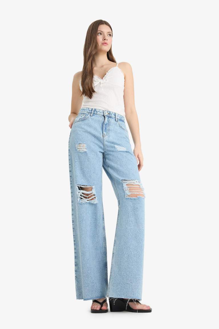90's Wide Leg Yırtık Detaylı Yüksek Bel Geniş Paça Uzun Jean Pantolon