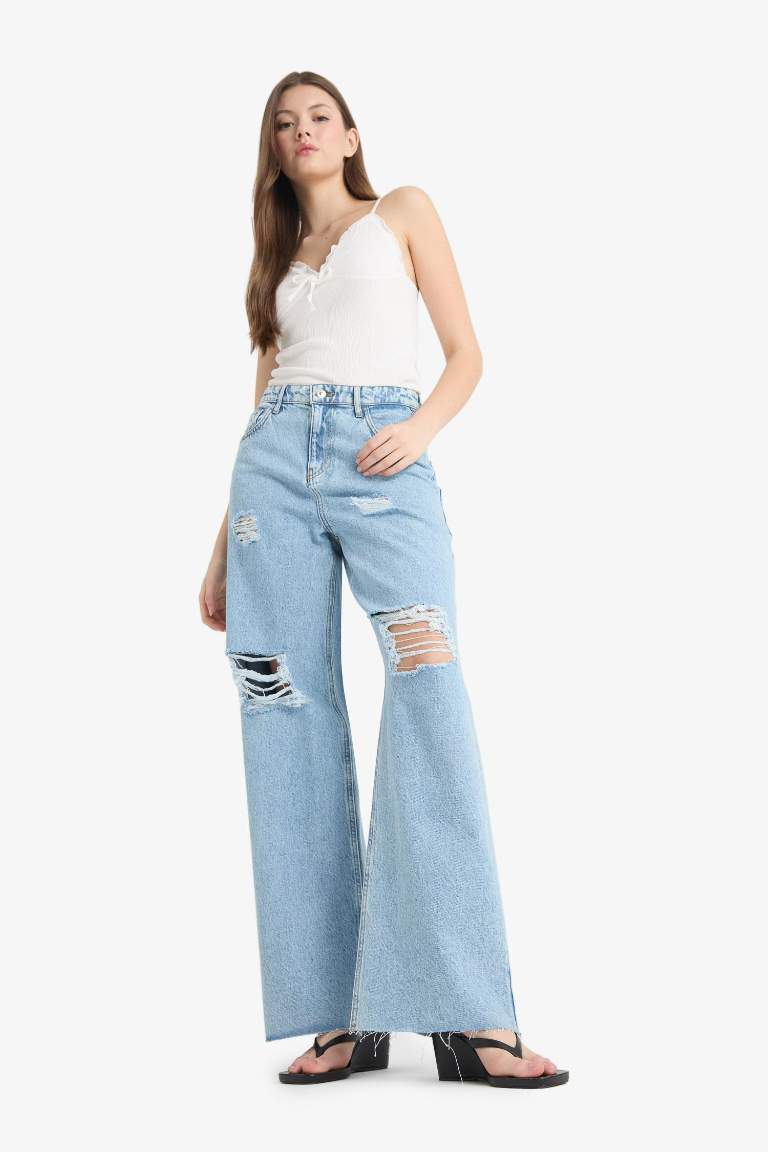 90's Wide Leg Yırtık Detaylı Yüksek Bel Geniş Paça Uzun Jean Pantolon