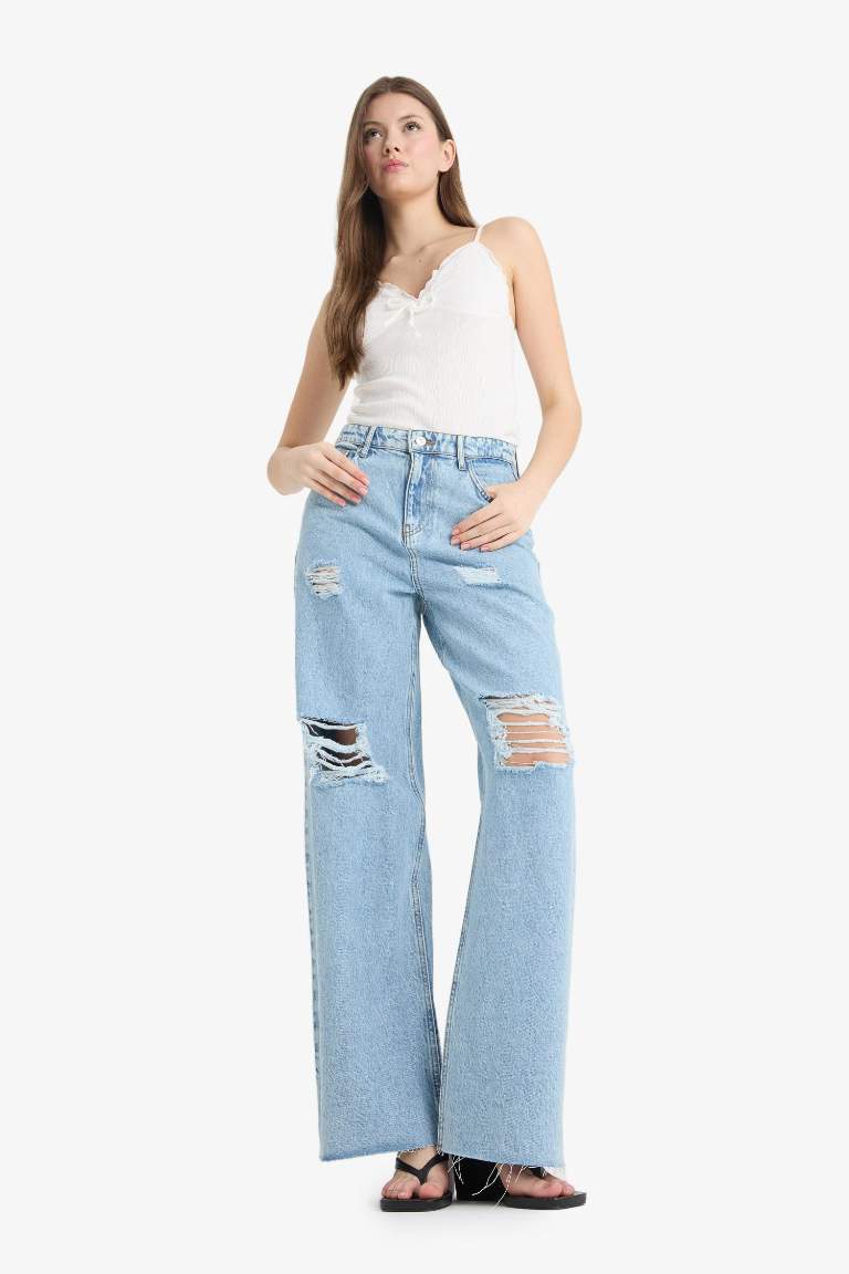 90's Wide Leg Yırtık Detaylı Yüksek Bel Geniş Paça Uzun Jean Pantolon