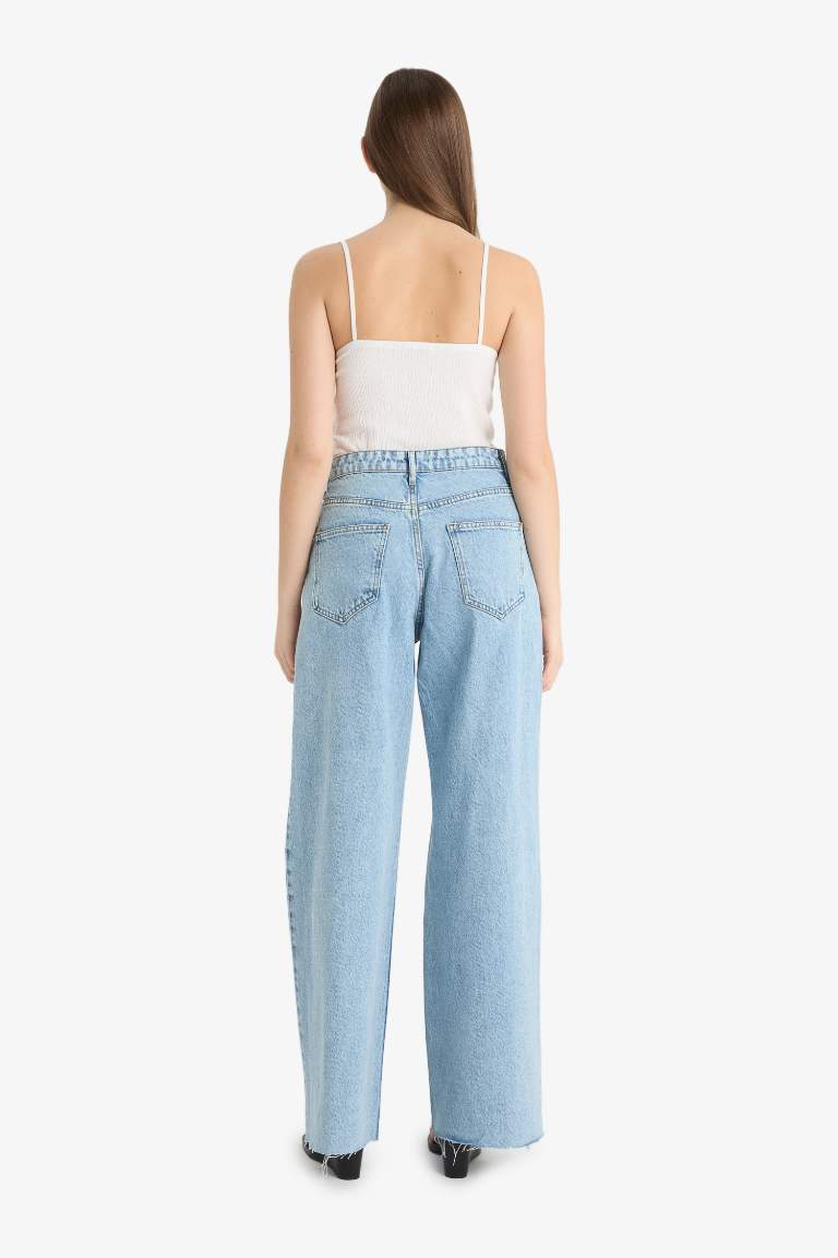 90's Wide Leg Yırtık Detaylı Yüksek Bel Geniş Paça Uzun Jean Pantolon