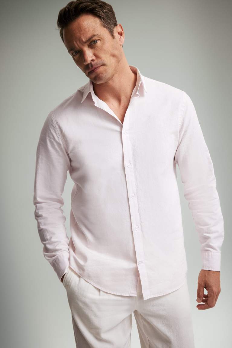 Regular Fit Polo Neck Linen Summer Long Sleeve Shirt