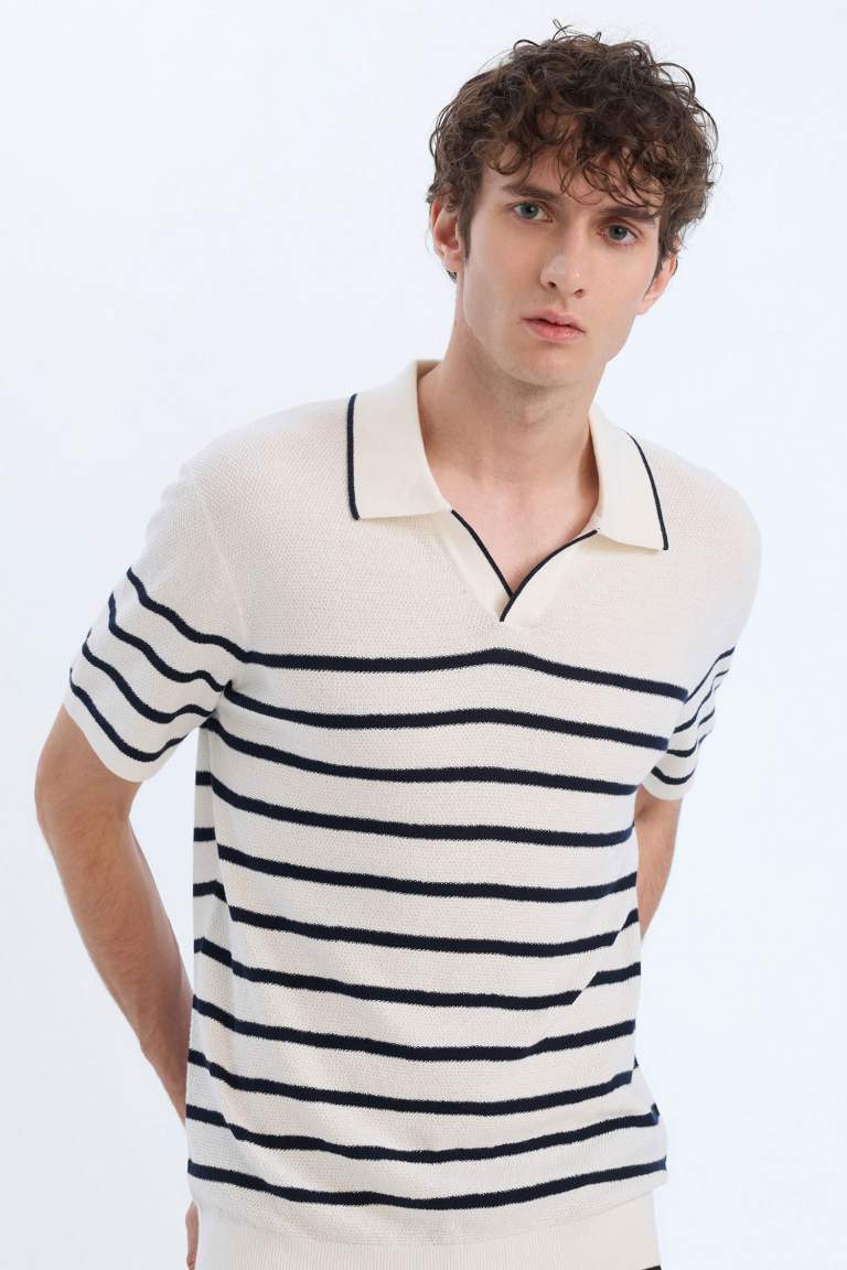 Standard Fit Polo Collar Striped Knitwear Polo T-Shirt