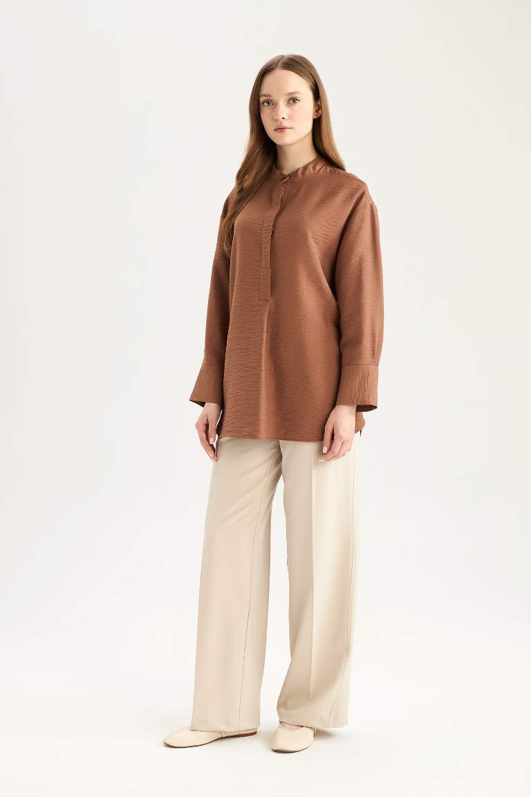 Relax Fit Mandarin Collar Basic Long Sleeve Shirt Tunic