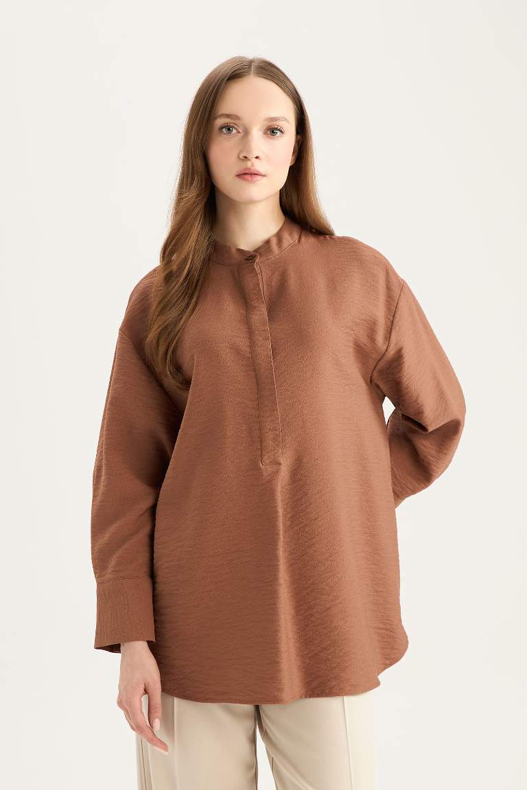 Relax Fit Mandarin Collar Basic Long Sleeve Shirt Tunic