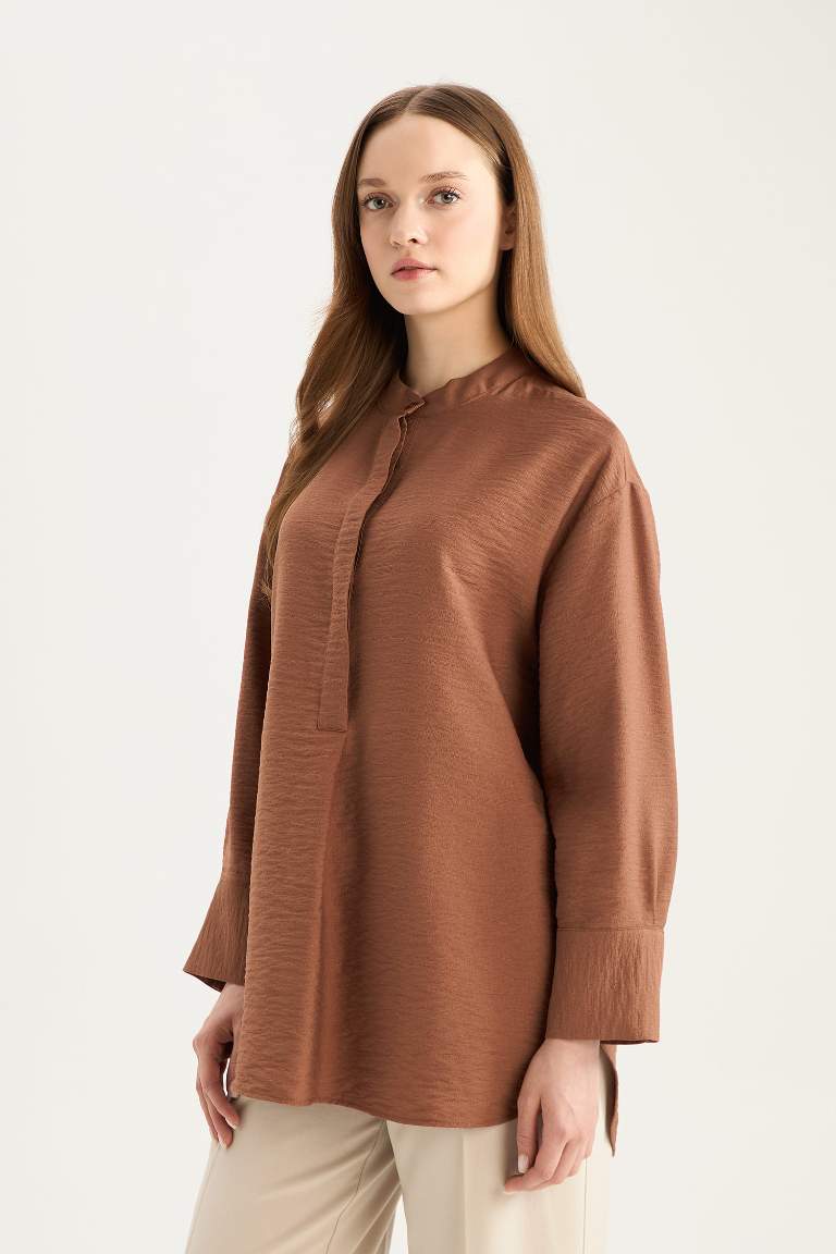 Relax Fit Mandarin Collar Basic Long Sleeve Shirt Tunic