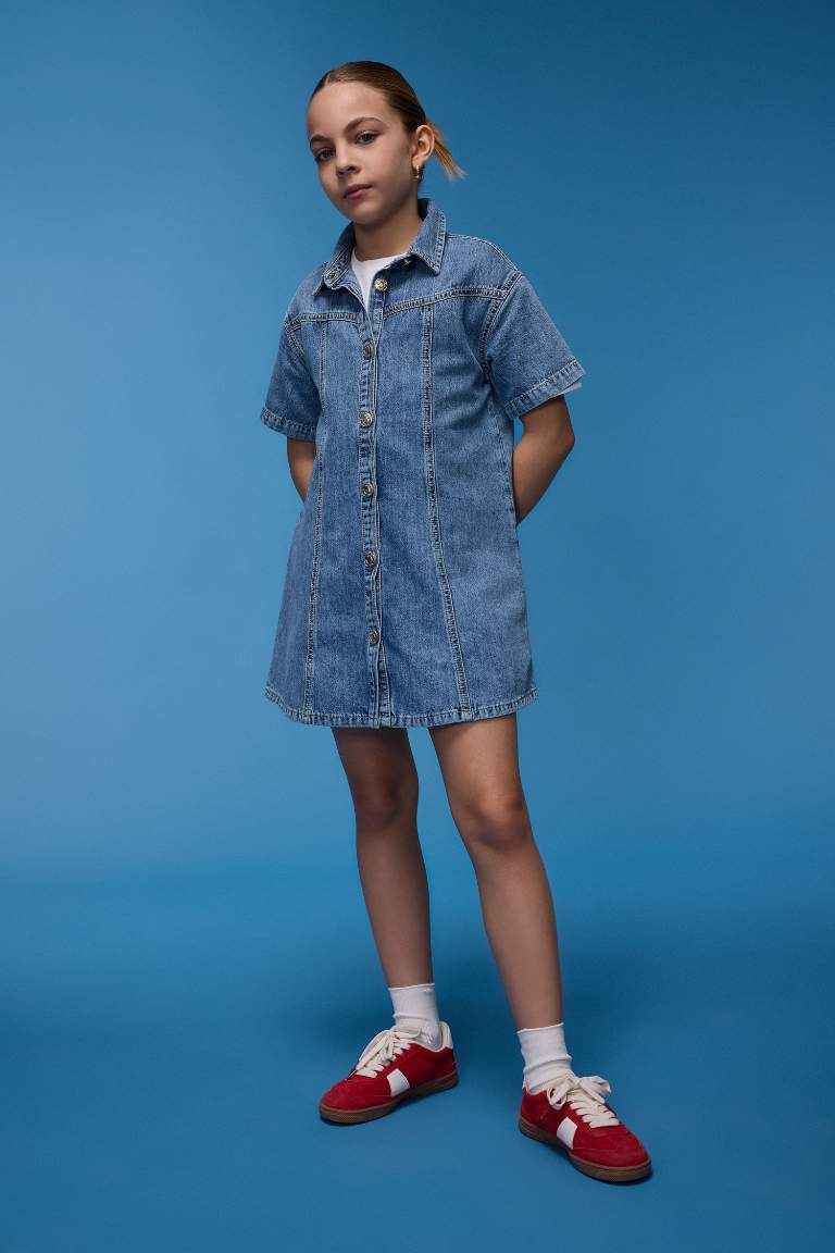 Girl Shirt Collar Short Sleeve Cotton Jean Dress