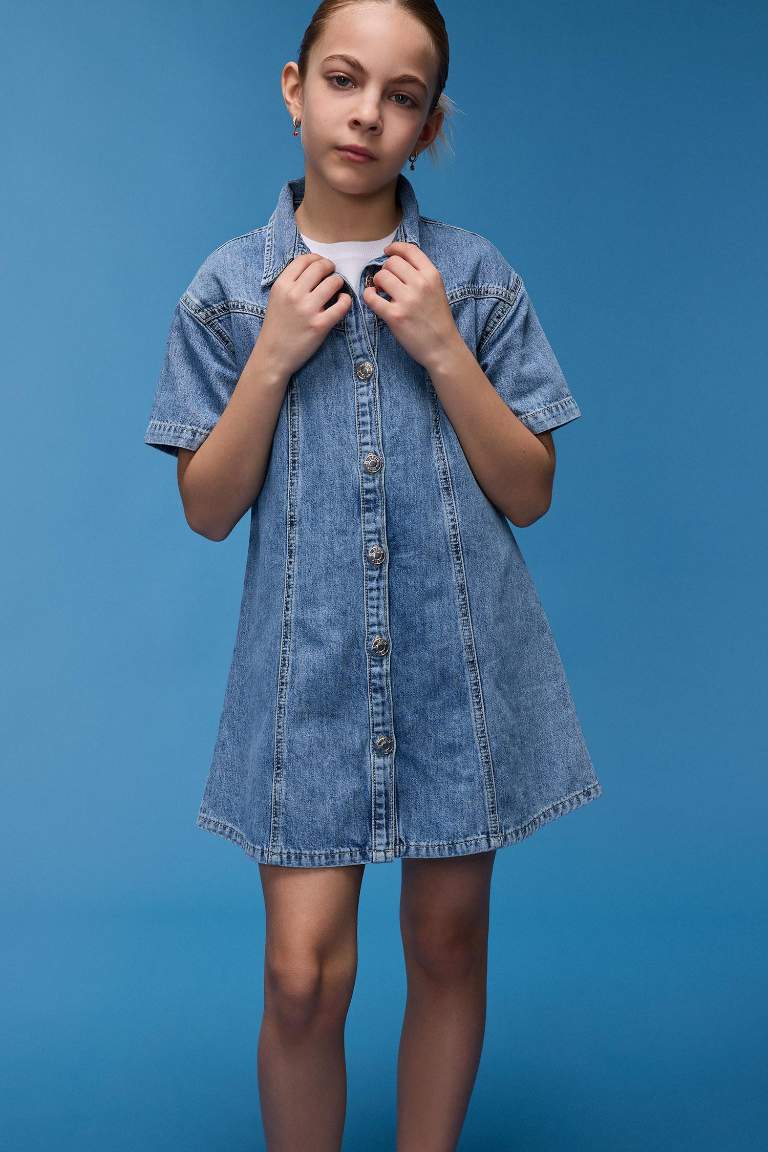 Girl Shirt Collar Short Sleeve Cotton Jean Dress