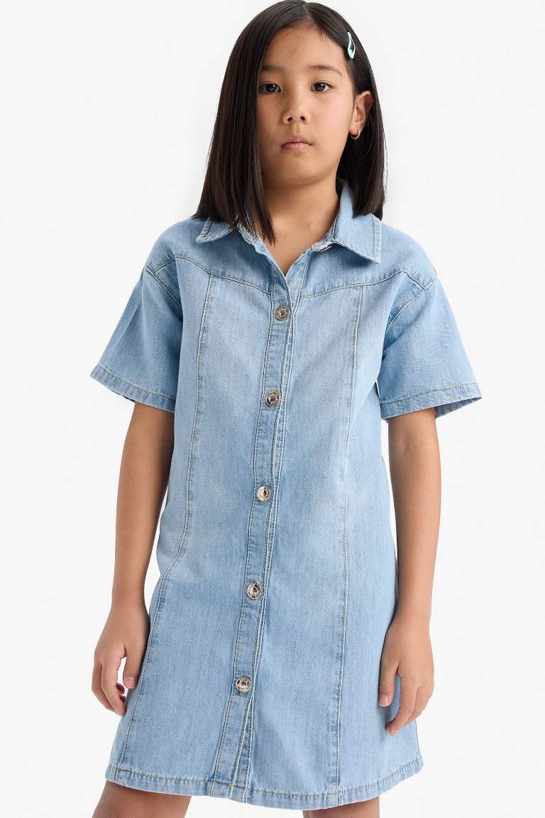 Girl Shirt Collar Short Sleeve Cotton Jean Dress