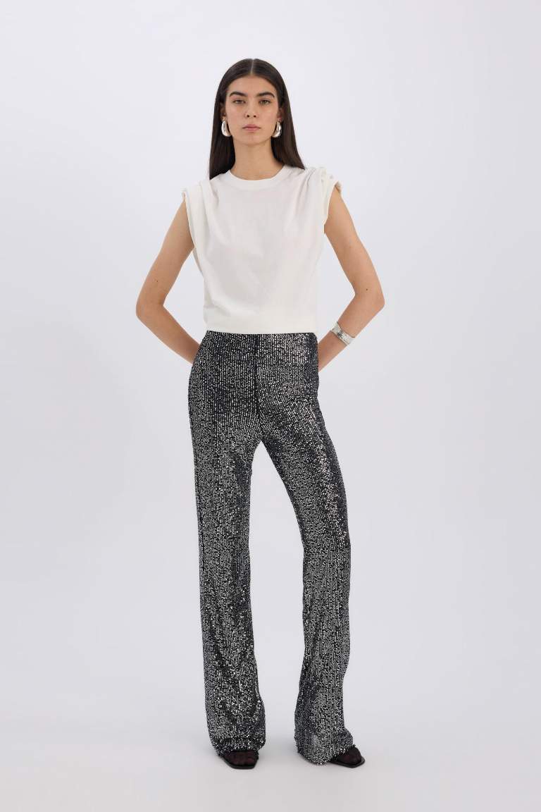 Siyah Şık Payetli Pantolon Flare Fit Yüksek Bel Standart Boy