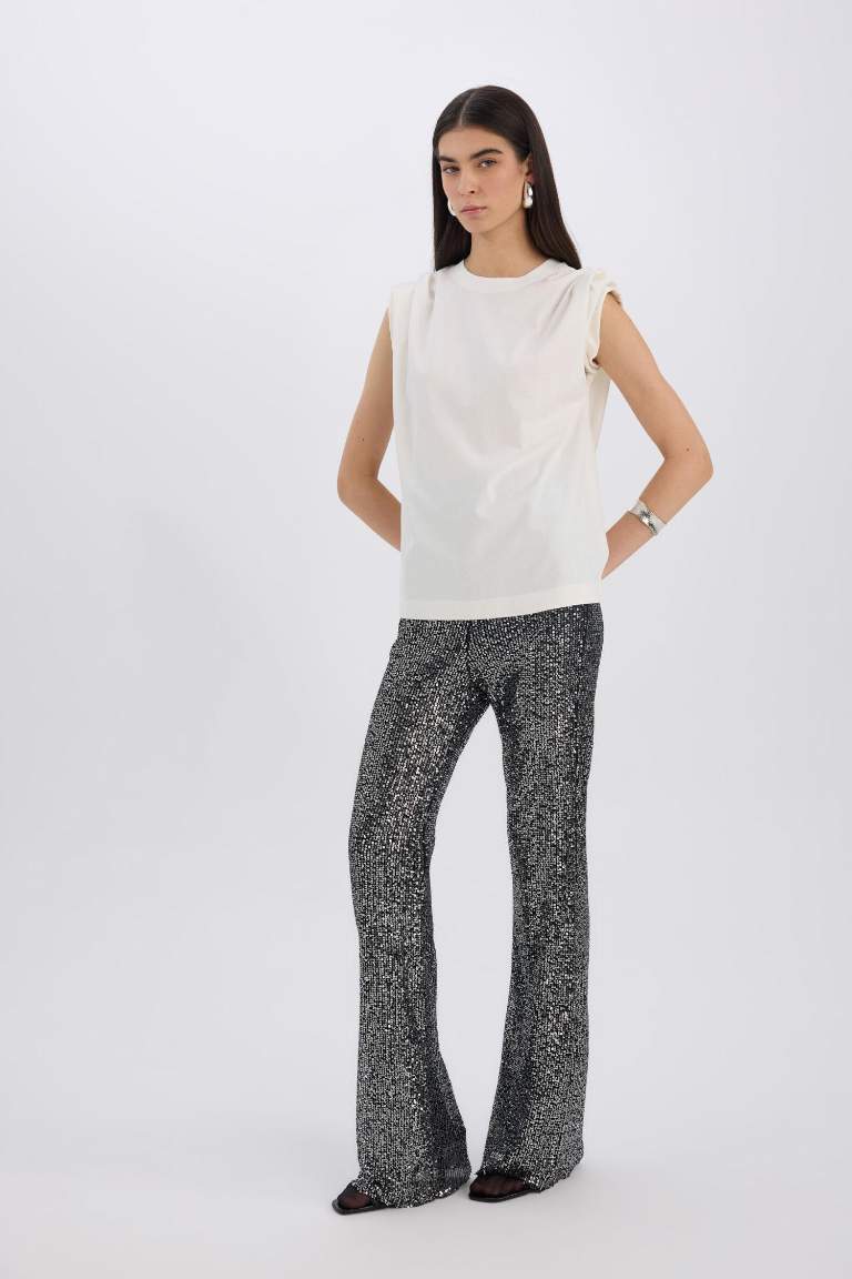 Siyah Şık Payetli Pantolon Flare Fit Yüksek Bel Standart Boy