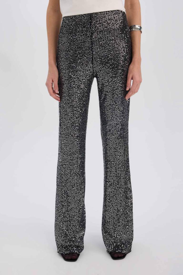Siyah Şık Payetli Pantolon Flare Fit Yüksek Bel Standart Boy