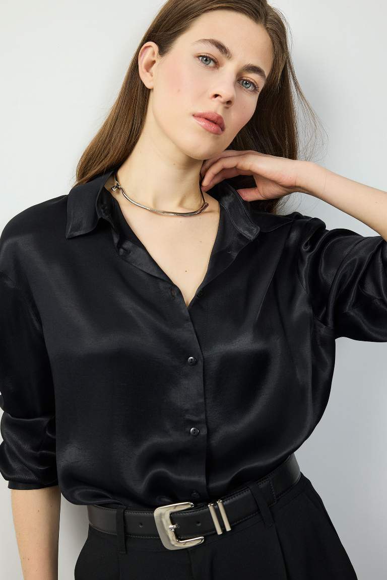 Chemise en satin basique à manches longues Coupe régulière