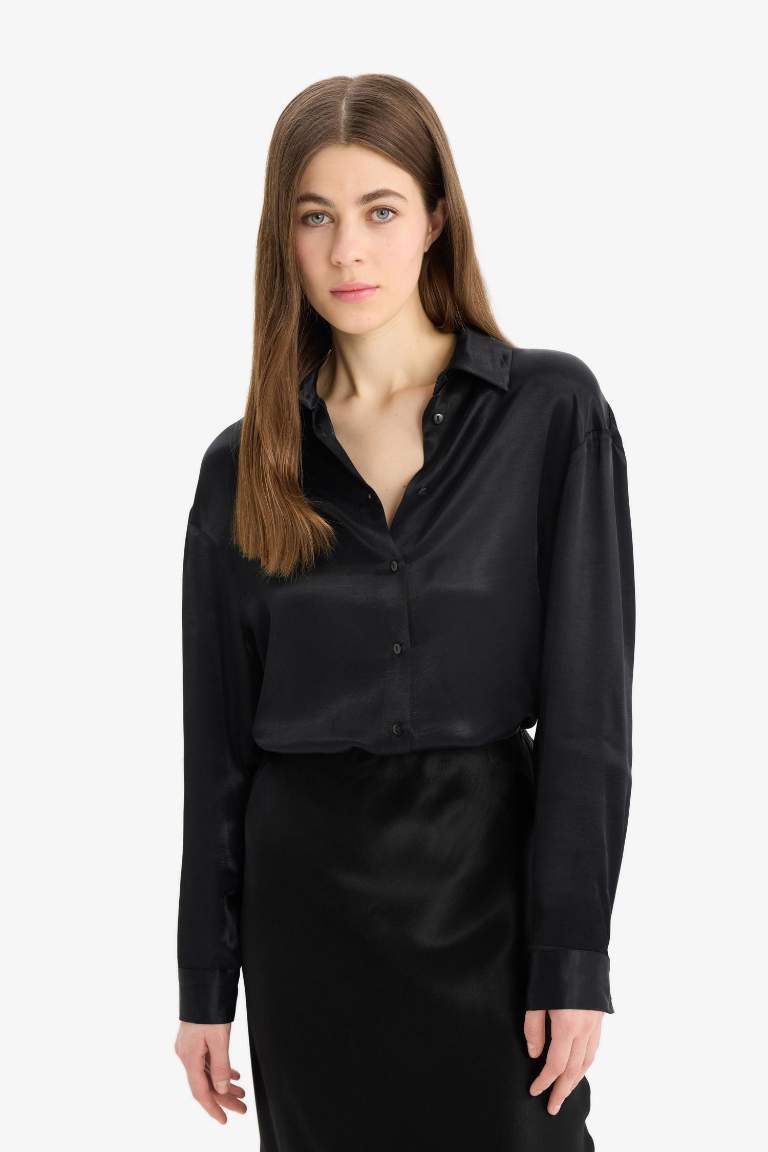 Chemise en satin basique à manches longues Coupe régulière