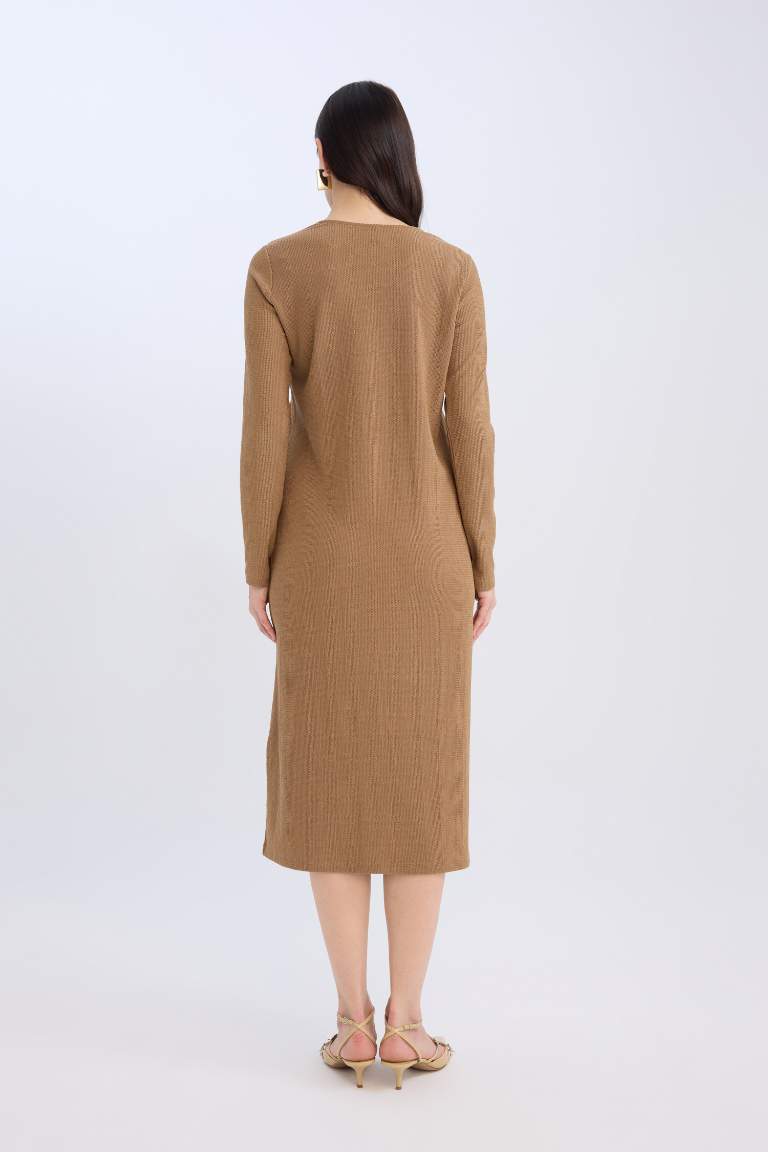 Crew Neck Basic Crepe Long Sleeve Maxi Dress