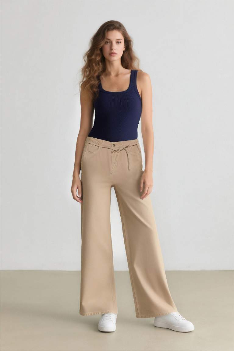 Coool Gabardin Palazzo Pantolon Wide Leg Yüksek Bel Geniş Bol Paça