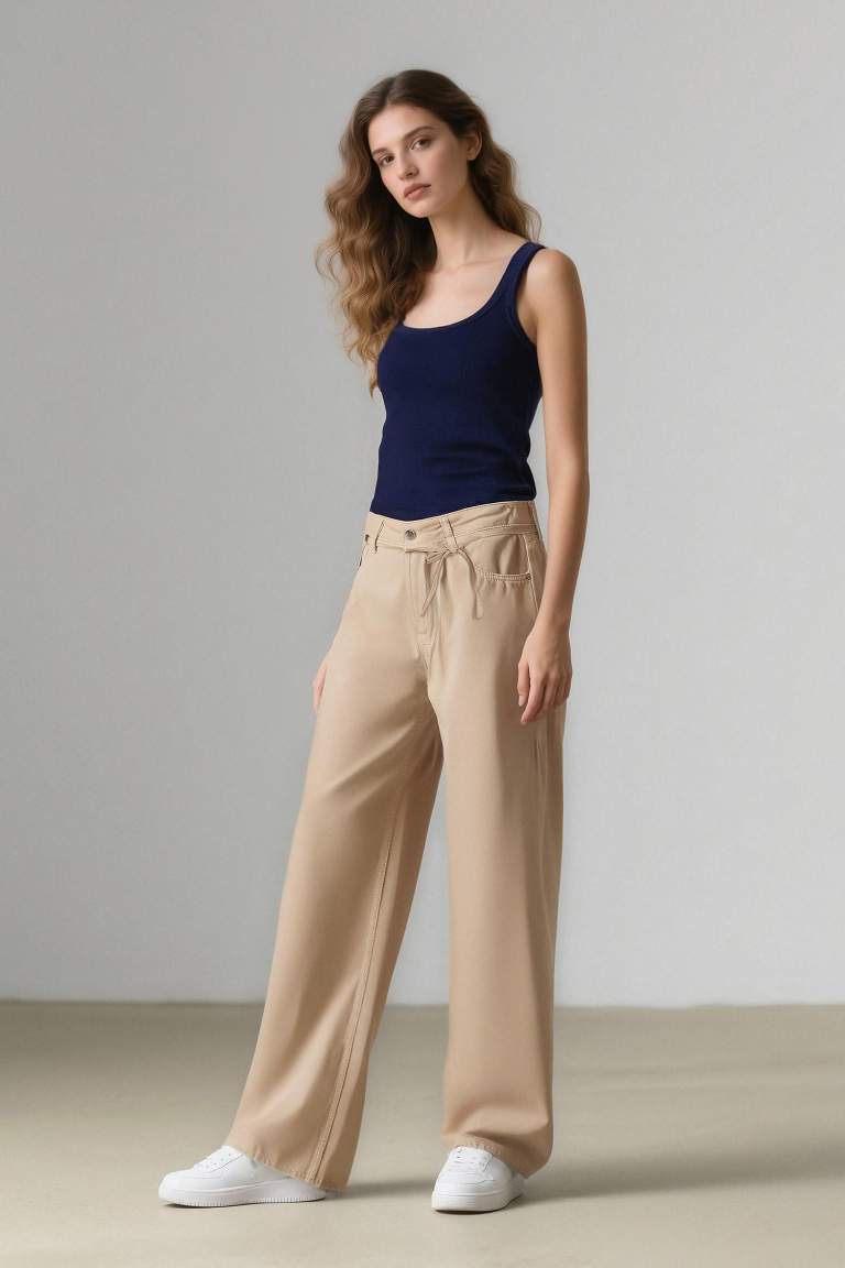 Coool Gabardin Palazzo Pantolon Wide Leg Yüksek Bel Geniş Bol Paça