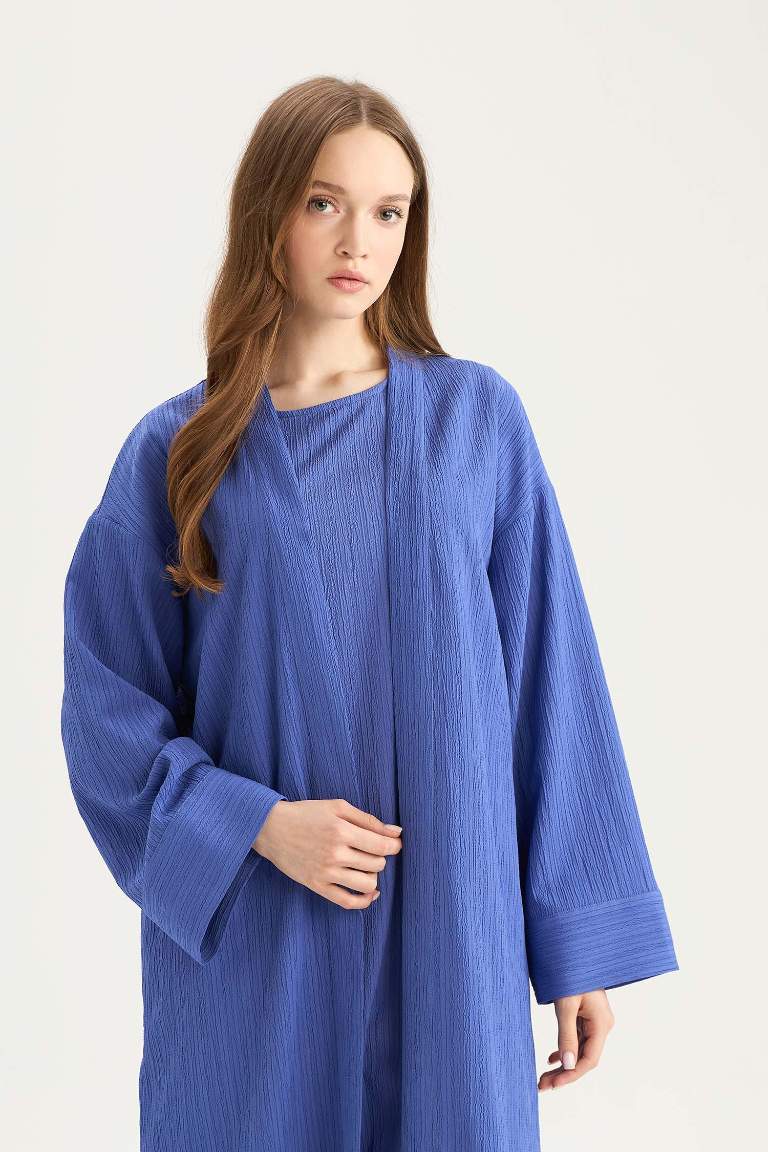 Relax Fit Shawl Collar Crinkle Fabric Long Kimono