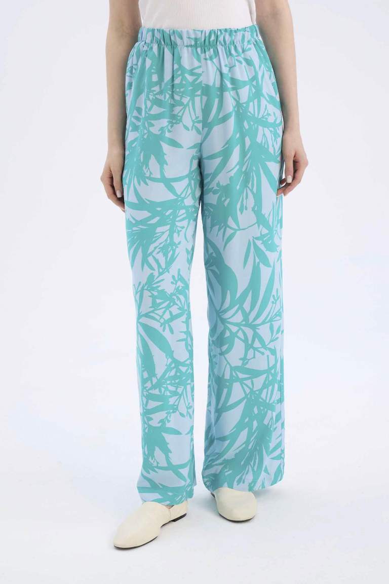 Wide Leg Geniş Paça Desenli Beli Lastikli Viskon Pantolon