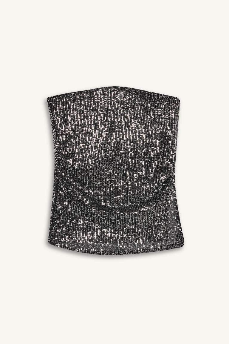 Strapless Sequined Fabric Blouse