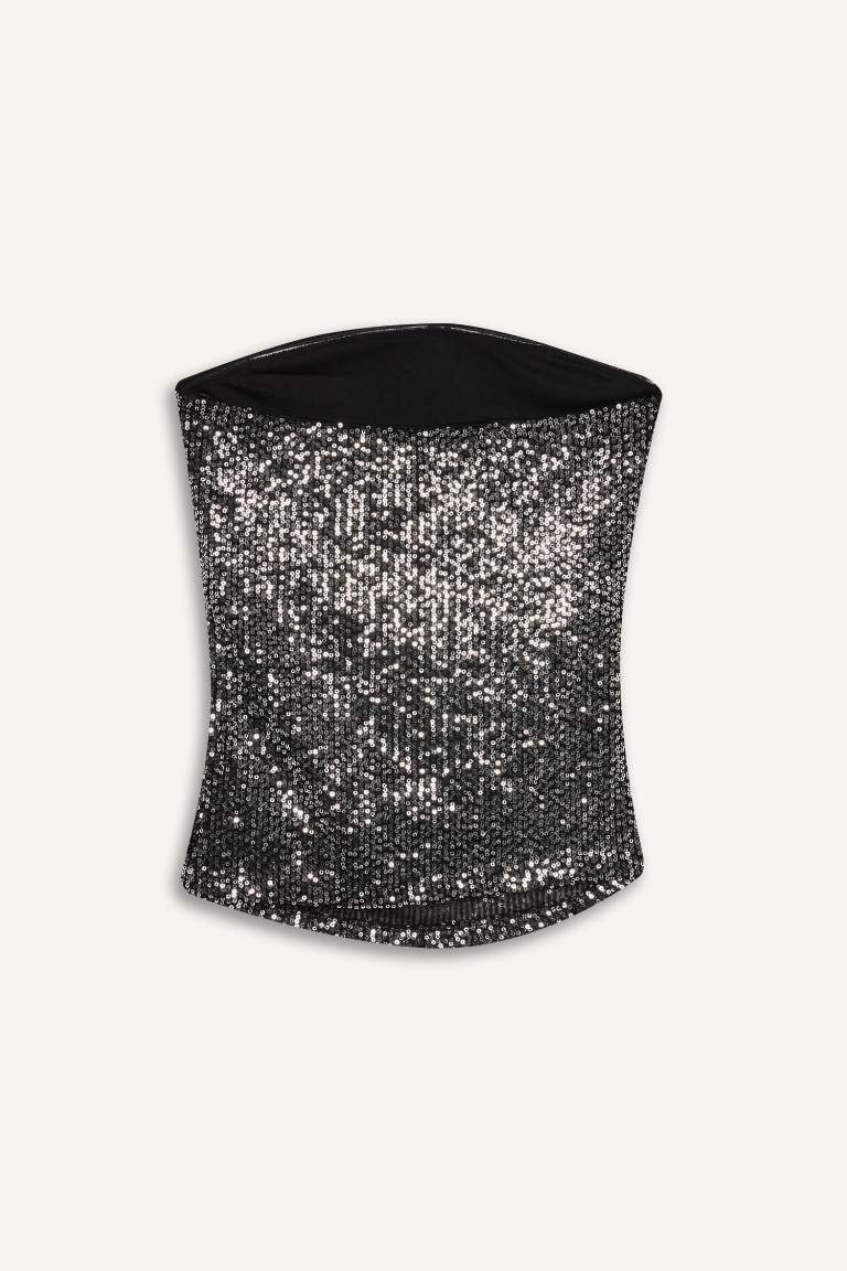 Strapless Sequined Fabric Blouse