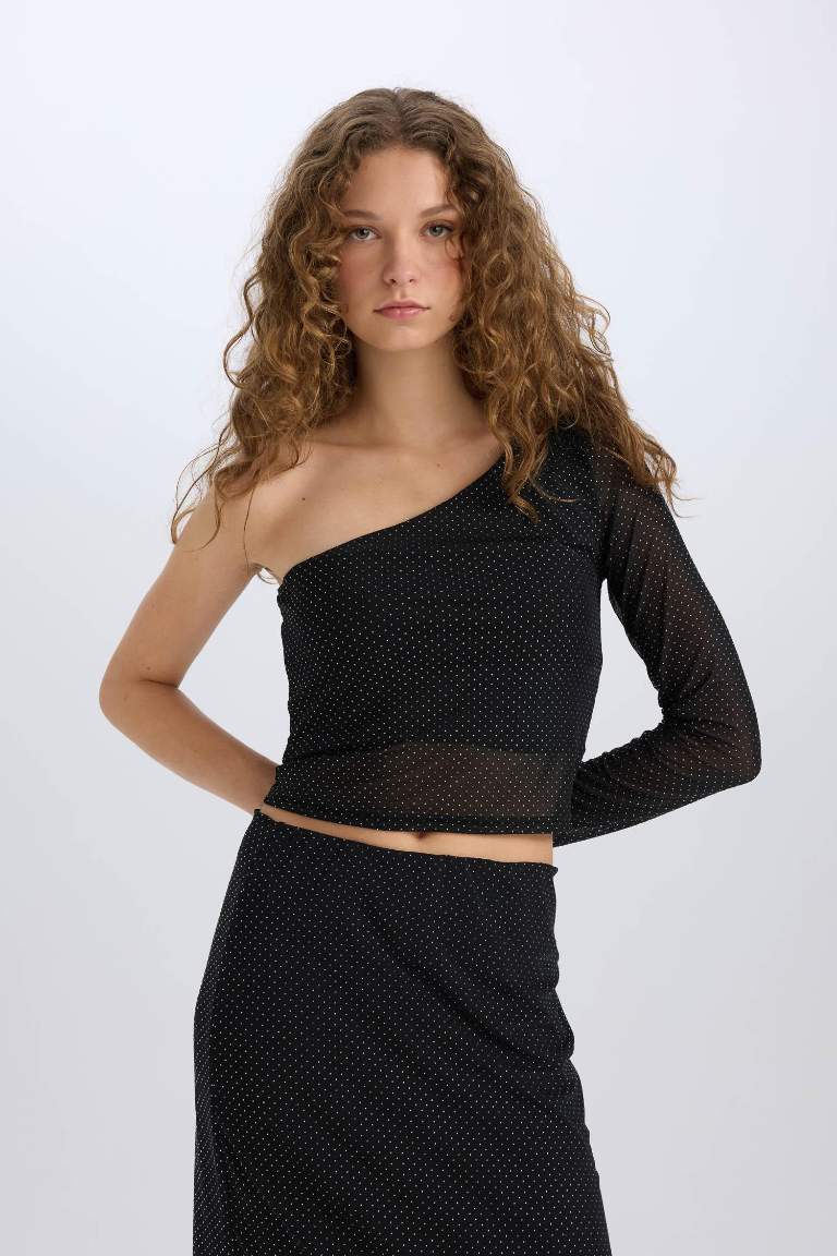 Slim Fit One Shoulder Tulle Long Sleeve T-Shirt