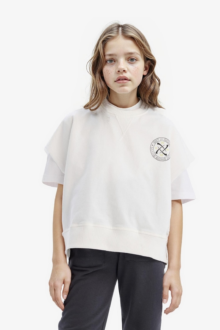 Kız Çocuk Oversize Geniş Kalıp Bisiklet Yaka Kısa Kollu Baskılı Sweatshirt