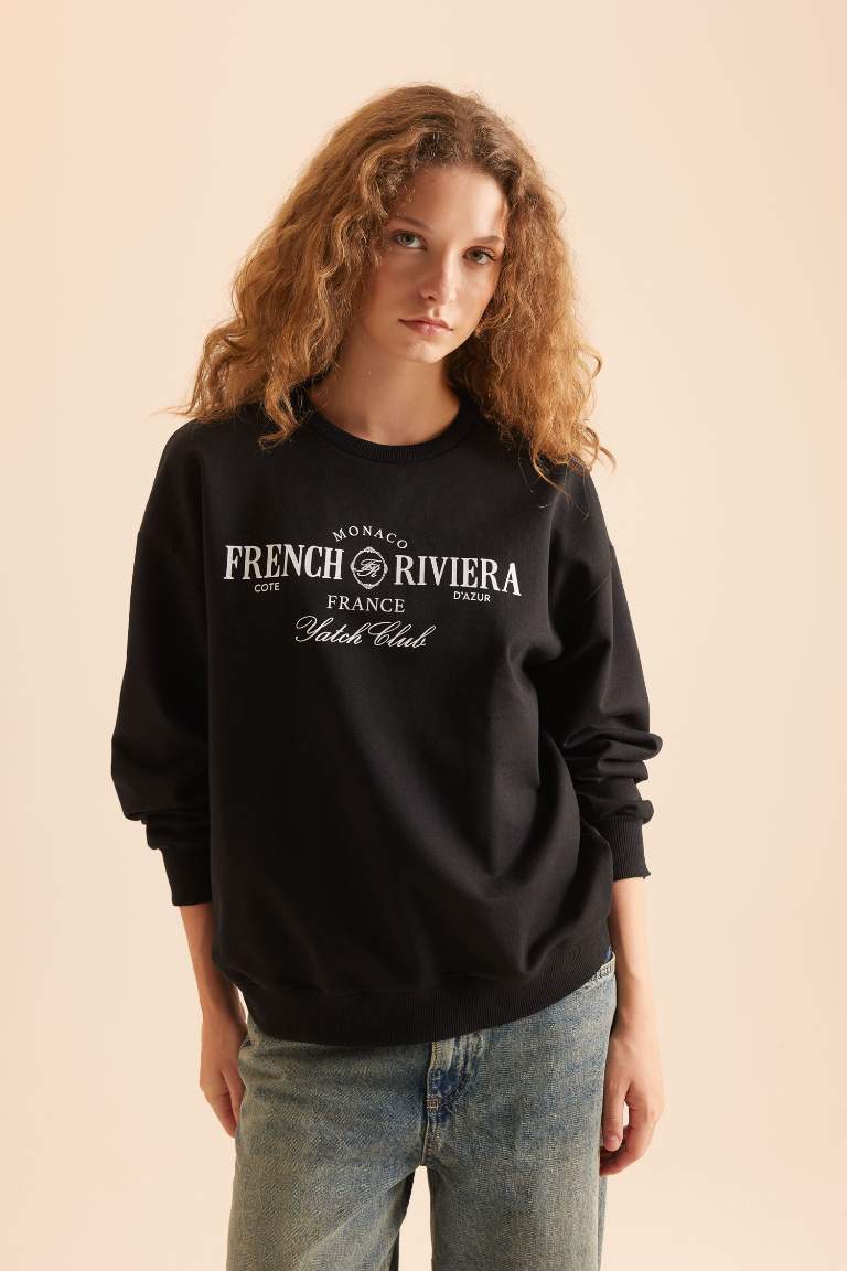 Relax Fit Bisiklet Yaka Baskılı Sweatshirt