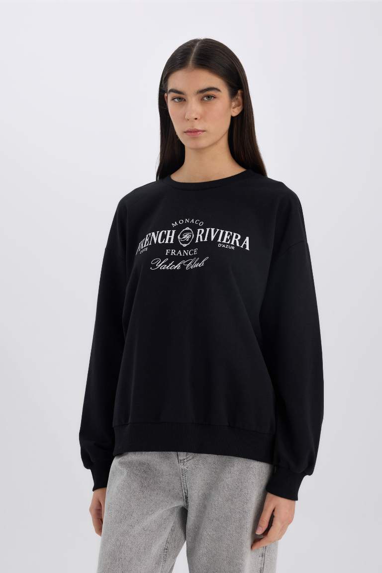Relax Fit Bisiklet Yaka Baskılı Sweatshirt
