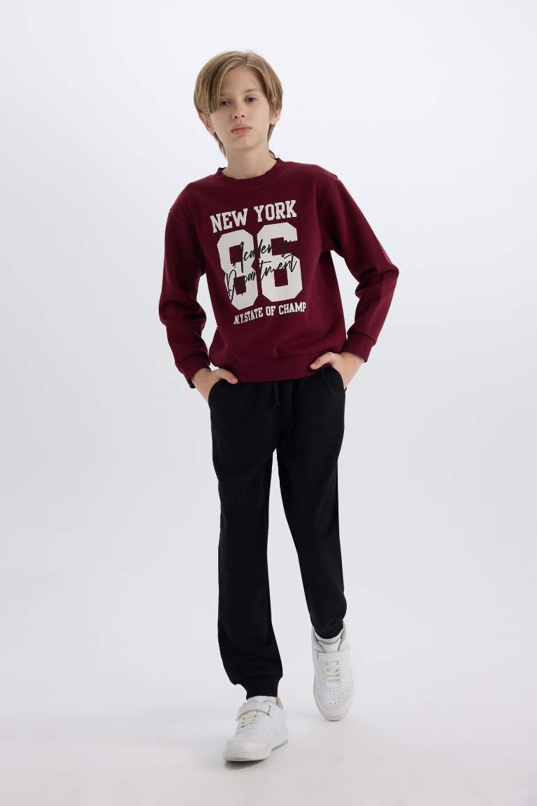 Erkek Çocuk 2'li Takım Bisiklet Yaka Baskılı Kalın Sweatshirt Beli Lastikli Eşofman Altı