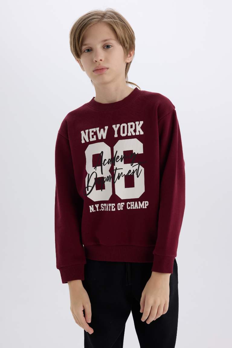 Erkek Çocuk 2'li Takım Bisiklet Yaka Baskılı Kalın Sweatshirt Beli Lastikli Eşofman Altı