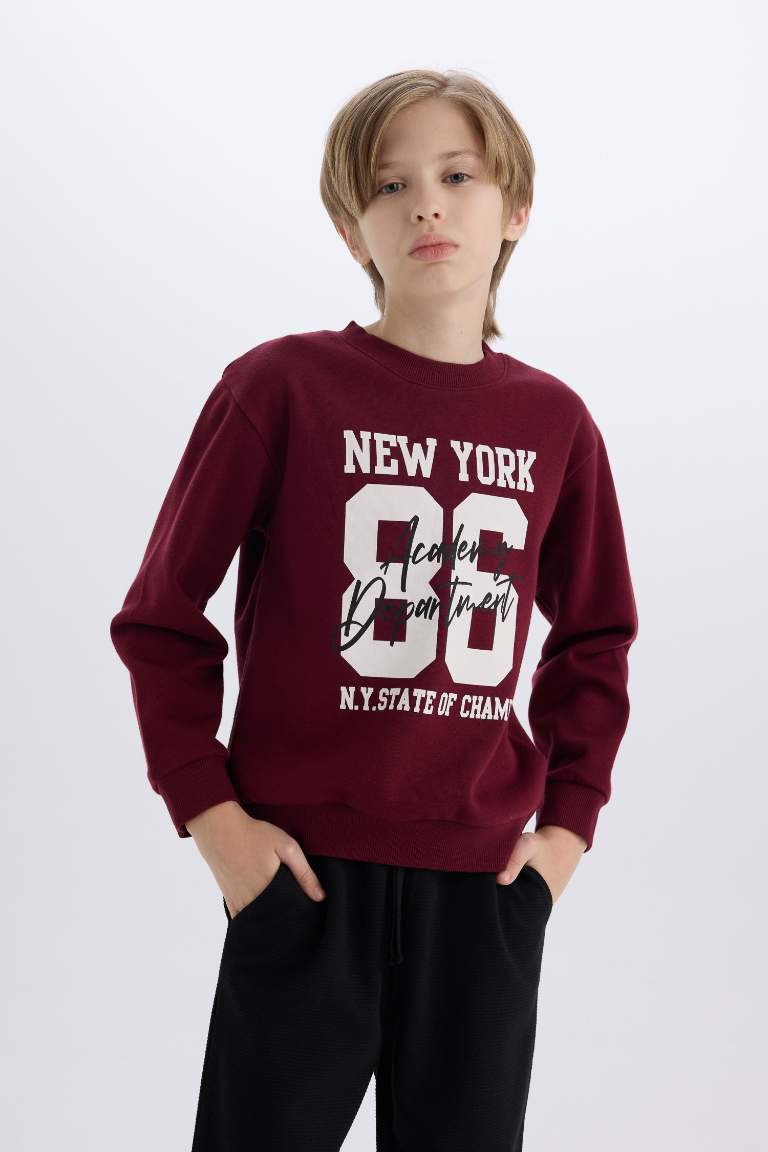 Erkek Çocuk 2'li Takım Bisiklet Yaka Baskılı Kalın Sweatshirt Beli Lastikli Eşofman Altı