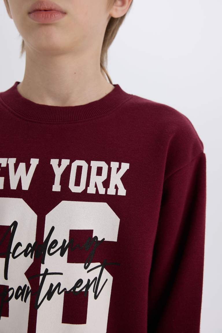 Erkek Çocuk 2'li Takım Bisiklet Yaka Baskılı Kalın Sweatshirt Beli Lastikli Eşofman Altı