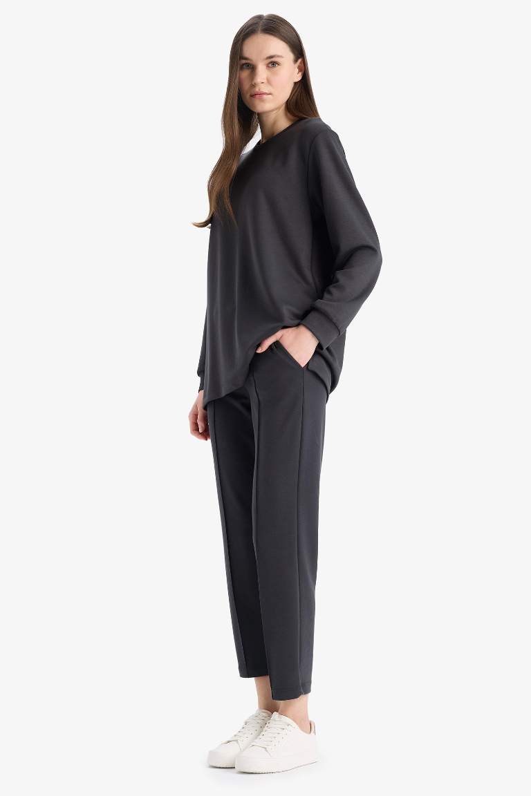 Regular Fit Beli Lastikli Cepli Basic Düz Pantolon