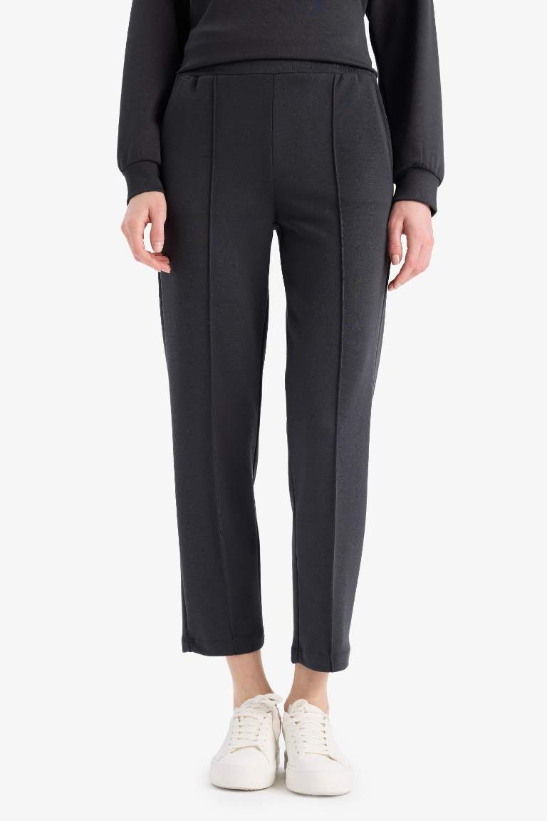 Regular Fit Beli Lastikli Cepli Basic Düz Pantolon