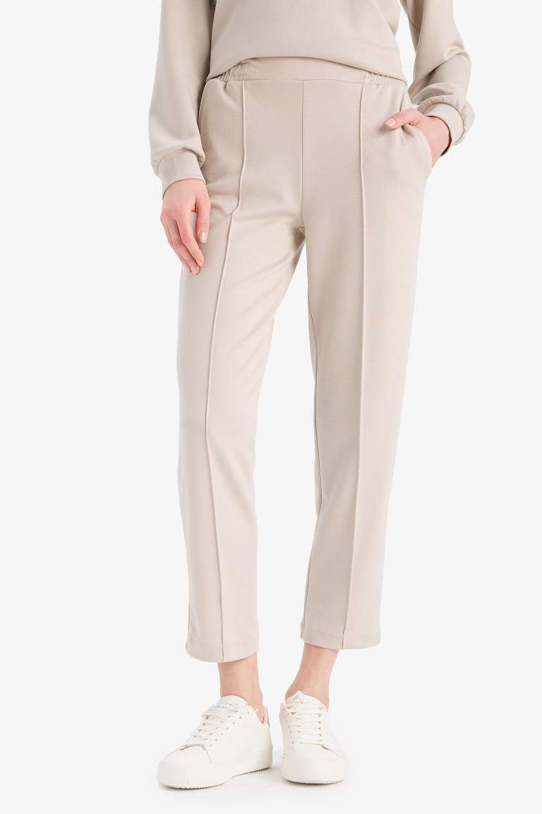 Regular Fit Beli Lastikli Cepli Basic Düz Pantolon