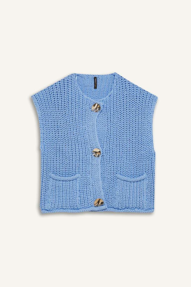 Pull en tricot sans manches décontracté boutonné avec poches